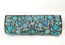 Load image into Gallery viewer, Luxury wedding silk clutch bag embroidered with blue flowers and embellished with emeralds, zardozi purse, rear view.