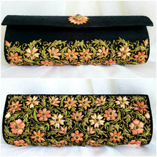 Load image into Gallery viewer, Luxury black silk clutch bag embroidered with peach colored flowers all over and embellished with rubies, zardozi purse, front and back view. 
