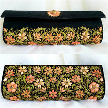 Load image into Gallery viewer, Luxury black silk clutch bag embroidered with peach colored flowers all over and embellished with rubies, zardozi purse, front and back view.