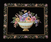Load image into Gallery viewer, Embroidered silk tapestry of multicolor silk flowers in white vase on black velvet with semi precious stones, zardozi wall art., framed.
