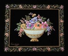 Load image into Gallery viewer, Embroidered silk tapestry of multicolor silk flowers in white vase on black velvet with semi precious stones, zardozi wall art., framed.