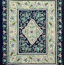 Load image into Gallery viewer, Embroidered gray silk jewel carpet wall tapestry with gray flowers embroidered on black velvet, zardozi wall hanging.
