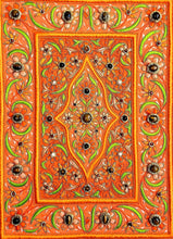 Load image into Gallery viewer, Embroidered jewel carpet wall hanging in orange floral pattern and tiger eye stones, embroidered orange silk flowers on orange velvet, zardozi tapestry, close up view.