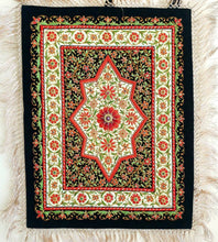 Load image into Gallery viewer, Jewel carpet embroidered wall hanging with red flowers on black and cream velvet with central star ruby, zardozi wall tapestry.