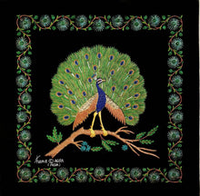 Load image into Gallery viewer, Embroidered silk peacock wall art with metallic threads and green onyx stones on black velvet in zardozi style.