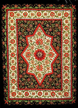 Load image into Gallery viewer, Jewel carpet embroidered wall hanging with red flowers on black and cream velvet with central star ruby, zardozi wall tapestry, close up view.