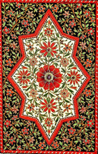 Load image into Gallery viewer, Jewel carpet embroidered wall hanging with red flowers on black and cream velvet with central star ruby, zardozi wall tapestry, close up view.