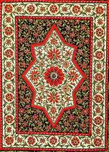 Load image into Gallery viewer, Jewel carpet embroidered wall hanging with red flowers on black and cream velvet with central star ruby, zardozi wall tapestry, close up view.