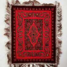 Load image into Gallery viewer, Hand embroidered Jewel carpet wall hanging, red flowers embroidered on burgundy red velvet, inlaid with agate stones, zardozi tapestry.
