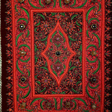 Load image into Gallery viewer, Embroidered red silk jewel carpet in floral pattern, red flowers embroidered on burgundy red velvet inlaid with agates, zardozi tapestry.
