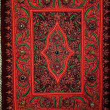 Load image into Gallery viewer, Embroidered red silk jewel carpet in floral pattern, red flowers embroidered on burgundy red velvet inlaid with agates, zardozi tapestry.