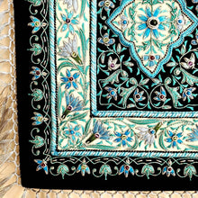 Load image into Gallery viewer, Embroidered blue floral tapestry, Turquoise blue silk flowers embroidered on black velvet, zardozi jewel carpet tapestry, close up of border.