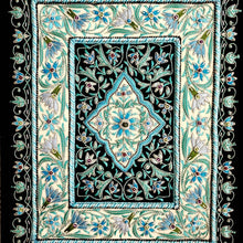 Load image into Gallery viewer, Embroidered blue floral tapestry, Turquoise blue silk flowers embroidered on black velvet, zardozi jewel carpet tapestry.