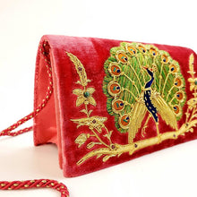 Load image into Gallery viewer, Luxury red velvet evening bag embroidered with gold peacock, zardozi purse, side view.