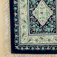 Load image into Gallery viewer, Embroidered gray silk jewel carpet wall tapestry with gray flowers embroidered on black velvet, zardozi wall hanging.