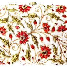 Load image into Gallery viewer, Ivory white wedding clutch bag embroidered with red flowers and inlaid with ruby gemstones, close up view. 
