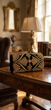Load image into Gallery viewer, Black gold silk evening bag with carnelian and garnets
