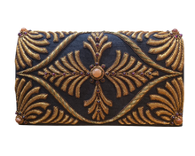 Load image into Gallery viewer, Black gold silk evening bag with carnelian and garnets
