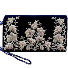 Load image into Gallery viewer, Luxury navy blue velvet evening clutch bag embroidered with three columns of flowers in antique silver and embellished with genuine gemstones, navy blue floral wedding clutch, blue and silver zardozi purse.
