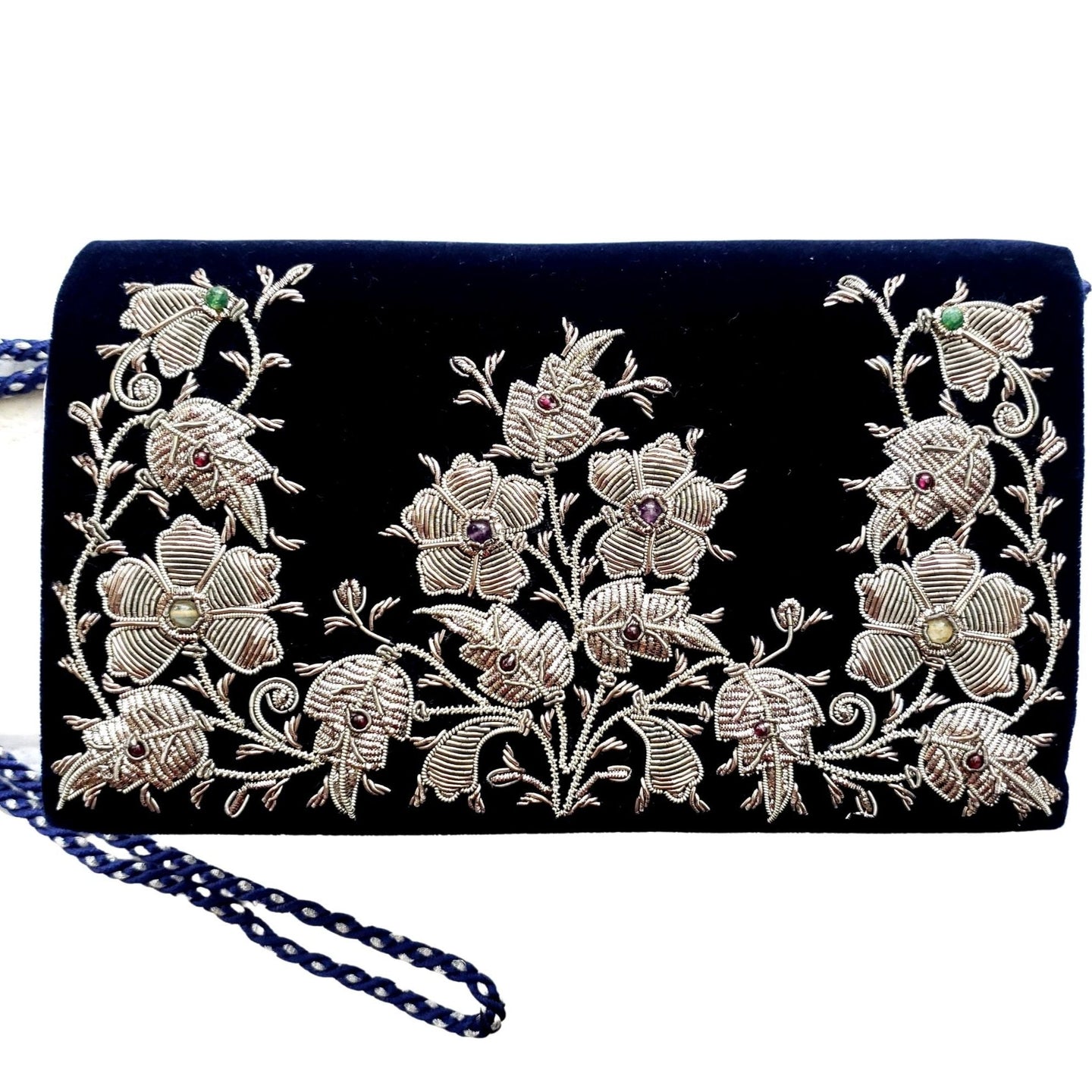 Luxury navy blue velvet evening clutch bag embroidered with three columns of flowers in antique silver and embellished with genuine gemstones, navy blue floral wedding clutch, blue and silver zardozi purse.