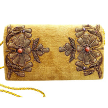 Load image into Gallery viewer, Gold velvet luxury evening clutch bag embroidered with two large flowers in antique gold color and embellished with genuine gemstones, floral wedding clutch, gold zardozi purse. 
