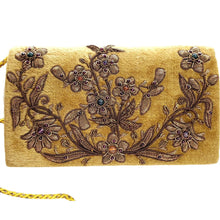 Load image into Gallery viewer, Gold velvet luxury designer evening clutch bag embroidered with flowers in antique gold color and embellished with genuine gemstones, floral wedding clutch, gold zardozi purse.
