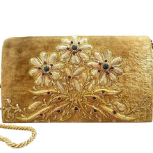 Load image into Gallery viewer, Luxury yellow gold velvet evening clutch bag embroidered with three daisy flowers in yellow gold color and embellished with genuine gemstones, floral wedding clutch, yellow and gold zardozi purse.
