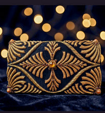 Load image into Gallery viewer, Black gold silk evening bag with carnelian and garnets
