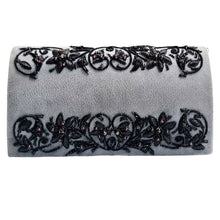 Load image into Gallery viewer, Luxury gray velvet evening clutch bag hand embroidered with black colored flowers and embellished with genuine gemstones, floral wedding clutch, black and gray zardozi purse.
