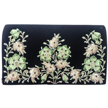 Load image into Gallery viewer, Luxury black velvet evening clutch bag embroidered with three columns of flowers in silver and green and embellished with genuine gemstones, green floral wedding clutch, green and silver zardozi purse.
