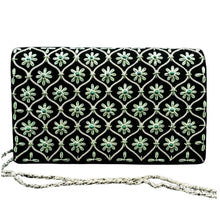 Load image into Gallery viewer, Luxury black velvet evening clutch bag embroidered in a silver geometric diamond trellis pattern with small green flowers embellished with genuine malachite gemstones, wedding clutch, black and green zardozi purse. 
