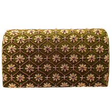 Load image into Gallery viewer, Luxury olive green velvet evening clutch bag embroidered in a gold geometric diamond trellis pattern with small gold flowers embellished with genuine amethyst  gemstones, wedding clutch, green and gold zardozi purse. 
