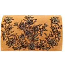 Load image into Gallery viewer, Pumpkin orange velvet luxury designer evening clutch bag embroidered with antique gold flowers and embellished with genuine gemstones, floral wedding clutch, orange gold zardozi purse. 
