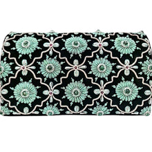 Load image into Gallery viewer, Luxury black velvet evening clutch bag with embroidered silver arabesque pattern and teal green flowers embellished with genuine quartz stones, floral wedding clutch, silver and green zardozi purse. 
