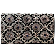 Load image into Gallery viewer, Luxury black velvet evening clutch bag with embroidered silver arabesque pattern and antique silver flowers embellished with genuine lapis lazuli stones, floral wedding clutch, silver black zardozi purse. 
