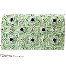 Load image into Gallery viewer, Luxury green silk evening clutch bag embroidered with geometric pattern of eight sided stars and flowers in white silver color and embellished with genuine jade gemstones, formal clutch, silver green zardozi purse.
