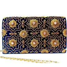 Load image into Gallery viewer, Luxury black velvet evening clutch bag embroidered with geometric pattern of eight sided stars and flowers in antique gold color and embellished with genuine quartz gemstones, formal clutch, gold black zardozi purse.
