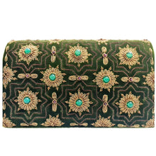 Load image into Gallery viewer, Luxury olive green velvet evening clutch bag embroidered with geometric pattern of eight sided stars and flowers in antique gold color and embellished with genuine gemstones, formal clutch, gold green zardozi purse.
