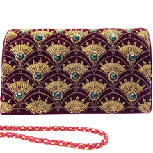 Load image into Gallery viewer, Art Deco inspired luxury burgundy red velvet evening clutch bag embroidered with peacock feather pattern or fish scale pattern in antique gold color and embellished with genuine jade gemstones, formal clutch, red gold zardozi purse. 
