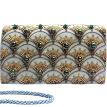 Load image into Gallery viewer, Art Deco inspired luxury gray velvet evening clutch bag embroidered with peacock feather pattern or fish scale pattern in antique gold color and embellished with genuine jade gemstones, formal clutch, gray gold zardozi purse. 
