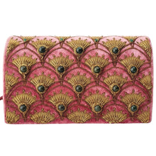 Load image into Gallery viewer, Art Deco inspired luxury mauve pink velvet evening clutch bag embroidered with peacock feather pattern or fish scale pattern in antique gold color and embellished with genuine jade gemstones, formal clutch, mauve pink gold zardozi purse. 
