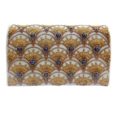 Load image into Gallery viewer, Art Deco inspired luxury gray velvet evening clutch bag embroidered with peacock feather pattern or fish scale pattern in antique gold color and embellished with genuine lapis lazuli gemstones, formal clutch, gray gold zardozi purse. 
