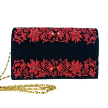 Load image into Gallery viewer, Luxury black velvet evening clutch bag embroidered with red flowers and embellished with semi precious stones, floral wedding clutch, black and red zardozi purse.
