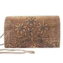 Load image into Gallery viewer, Luxury tan brown velvet evening clutch bag embroidered with three daisy flowers in antique gold color and embellished with genuine gemstones, floral wedding clutch, tan brown and antique gold zardozi purse.
