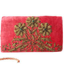 Load image into Gallery viewer, Luxury red pink velvet evening clutch bag embroidered with three daisy flowers in antique gold color and embellished with genuine gemstones, floral wedding clutch, red pink and antique gold zardozi purse.
