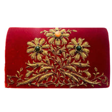 Load image into Gallery viewer, Luxury burgundy red velvet evening clutch bag embroidered with three daisy flowers in antique gold color and embellished with genuine gemstones, floral wedding clutch, red and antique gold zardozi purse.
