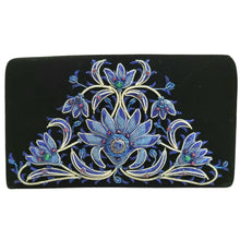 Load image into Gallery viewer, Black velvet luxury evening clutch bag embroidered with blue flowers in a central triangular pattern and embellished with genuine semi precious gemstones, floral wedding clutch, black and blue zardozi purse. 
