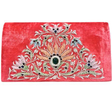 Load image into Gallery viewer, Coral colored velvet luxury evening clutch bag embroidered with blue flowers in a central triangular pattern and embellished with genuine semi precious gemstones, floral wedding clutch, coral and orange zardozi purse. 
