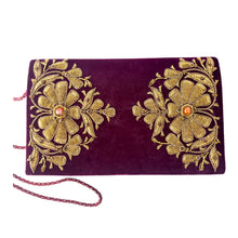 Load image into Gallery viewer, Maroon velvet luxury evening clutch bag embroidered with two large flowers in antique gold color and embellished with genuine gemstones, floral wedding clutch, maroon zardozi purse. 
