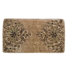 Load image into Gallery viewer, Brown tan velvet luxury evening clutch bag embroidered with two large flowers in antique gold color and embellished with genuine gemstones, floral wedding clutch, tan brown zardozi purse. 
